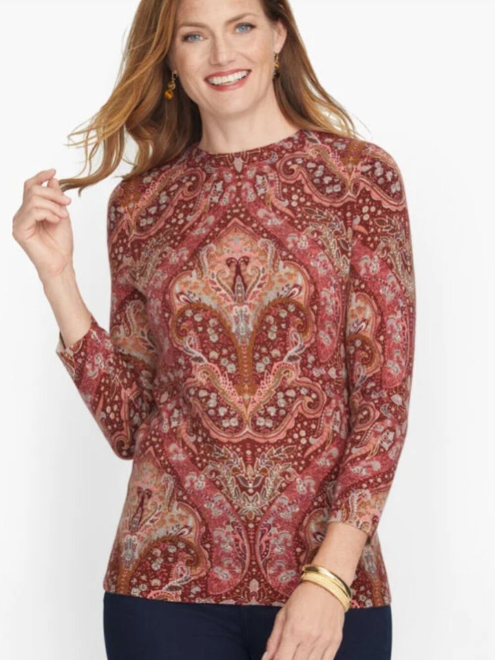 Talbots 100% Cashmere Audrey Sweater in Paisley Preppy Old Money Crew Neck Sz M